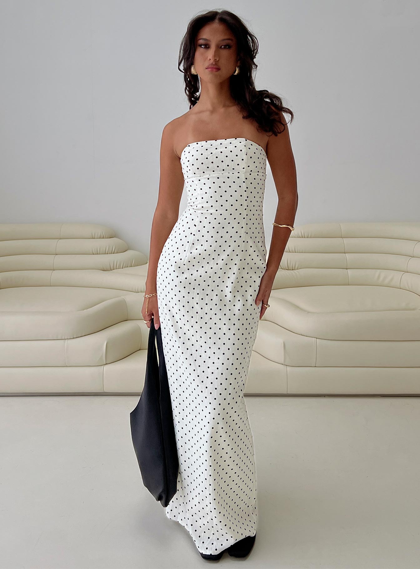 Dovie Linen Blend Strapless Midi Dress Cream Polka