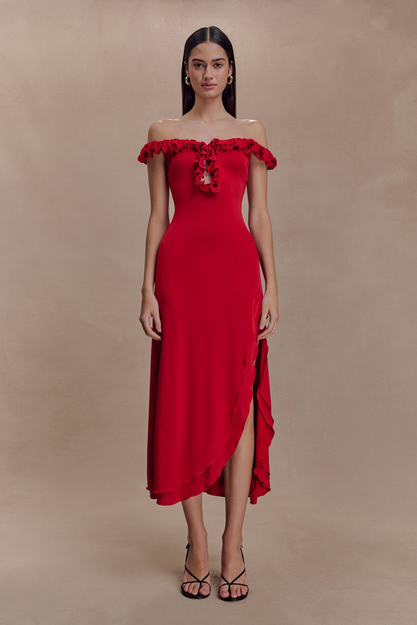 Allegra Off Shoulder Ruffle Midi Dress - Ruby